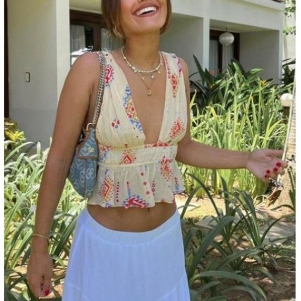 Zara Beaded Cream Boho Floral Tank Top Side Detail Back Ties Small